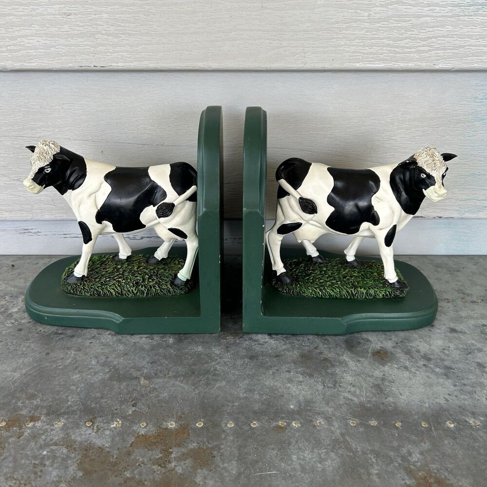 Vintage Holstein Cow Bookends Hand Painted Country Farmhouse Decor Pair Resin